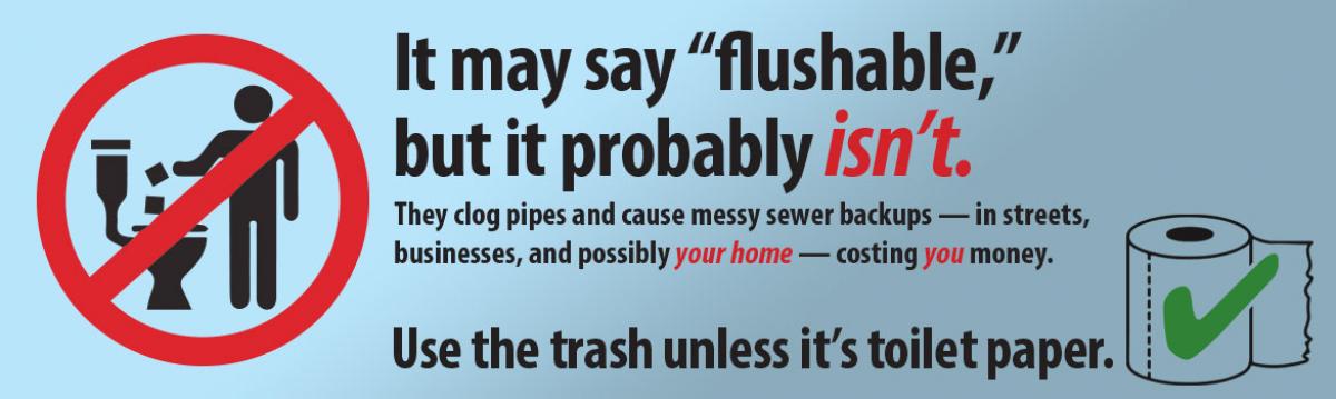 Red Circle with line over clipart tossing trash in toilet indicating Do Not Flush Wipes